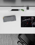 Moody grayscale anime mouse pad 14x10 inches with crimson slashes, ink-black shadows, and cold moonlight.