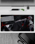 32x16 inches anime mouse pad in grayscale with ink-black shadows and crimson slashes, dark moonlit mood.