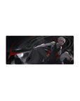28x12 inches anime mouse pad with silver-haired katana fighter, hooded shadow figure, and cinematic depth.