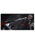 32x16 inches anime mouse pad with silver-haired katana fighter, hooded figure backdrop, cinematic brushwork.