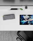 Moody blue-lit anime mouse pad 14x10 inches with neon streaks, sharp contrast, and smoky black shadows.