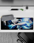 32x12 inches anime mouse pad in cold blue neon, sharp contrast and smoky shadows for a cyber mood.