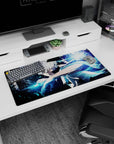 32x16 inches anime mouse pad showing a sleeveless-cloaked, white-haired warrior raising his arm to strike.