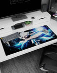 36x16 inches anime desk pad showing a white-haired warrior raising his arm to strike amid smoky darkness.