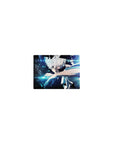 Classic anime mouse pad 14x10 inches with white-haired fighter, neon shards, and clean cyber graphic lines.