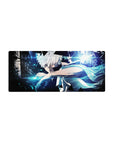 28x12 inches anime mouse pad with white-haired fighter, cyber shards, neon streaks, and smoky shadows.