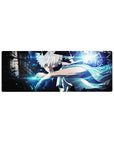 32x12 inches anime mouse pad with white-haired fighter, sleeveless cloak, neon shards and cyber streaks.
