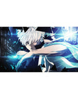 Anime desk pad 40x20 inches with white-haired fighter, neon shards, triangle fragments, and smoke shadows.