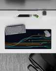 Dynamic 28x12 mouse pad featuring sleek teal, yellow, and red curves for a clean, organized, tech-inspired aesthetic