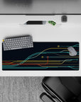 Tech-inspired 32x12 mouse pad with bold lines in teal, yellow, and red, perfect for a clean, minimal, and futuristic aesthetic