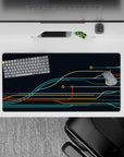 Tech-inspired 32x16 mouse pad with sleek curves in teal, yellow, and red, perfect for a clean, organized workspace
