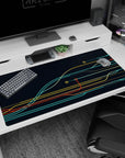 Futuristic 40x20 anime desk mat featuring dynamic teal, yellow, and red lines, creating a sleek, organized circuit board look