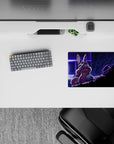 14x10 inches anime mouse pad in neon violet and cool blue, cinematic shadows and tense sci-fi glow.