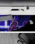 36x16 inches anime desk pad in neon violet and cool blue, cinematic purple shadows with tense sci-fi vibe.