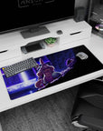 36x16 inches anime desk pad showing wide-eyed bunny girl in fluffy collar facing a dark armored threat.