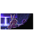 32x16 inches anime mouse pad with bunny-eared heroine, fluffy collar, neon doorway, and looming armored figure.