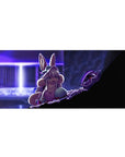 36x16 inches anime desk pad with bunny-eared heroine, neon doorway backdrop, and looming armored figure.