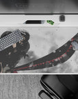 Intense 40x20 desk pad showcases Zoro's strength with dramatic black-and-white and red accents for fans