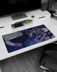 Modern 32x16 inches mouse pad with Eva Unit-01 in Tokyo-3, featuring neon blue glow and intense combat stance for anime fans.
