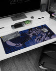 Artistic 36x16 inches mouse pad with Eva Unit-01 in Tokyo-3, glowing blue with a combat-ready stance for a retro mecha-inspired look.
