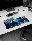 Dynamic Cosmic Cascade artwork on 28x12 desk mat perfect for celebrating the cosmos and nature’s wild beauty