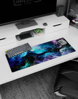 Small but impactful 32x12 desk mat showcases celestial elegance with striking blue, purple, and green artistry