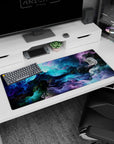 Celestial artwork on 36x16 desk mat captures the essence of cosmic energy with vivid colors and fluid motion
