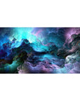 Cosmic Cascade Desk Mat 40x20 featuring deep blues, purples, and emerald green swirls for galactic elegance