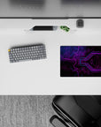 14x10 inches mouse pad featuring neon tech design, with vibrant purple and blue hues and intricate circuitry for a futuristic workspace vibe.