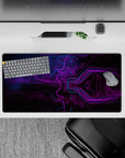 32x16 inches mouse pad with neon tech design, featuring intricate circuitry and glowing purple and blue hues for a futuristic, energetic workspace.