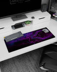 Artistic 32x12 inches mouse pad featuring neon tech design, with intricate circuitry and glowing purple and blue hues for cutting-edge style.