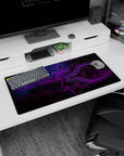 Modern 32x16 inches mouse pad featuring neon tech design, blending purple and blue hues with intricate circuitry for a bold, tech-inspired atmosphere.