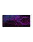 Mouse pad featuring neon tech design, 28x12 inches, with purple and blue hues flowing through intricate circuitry for a bold, tech-inspired workspace.