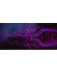Mouse pad featuring neon tech design, 36x16 inches, with intricate purple and blue circuitry for a futuristic and energetic workspace vibe.