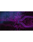 Mouse pad featuring neon tech design, 40x20 inches, with vibrant purple and blue hues flowing through intricate circuitry for a futuristic, tech-inspired vibe.