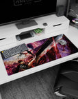 Artistic 36x16 inches desk pad featuring Guts' blood-stained blade and iconic characters from the Eclipse Sacrifice, capturing the raw emotion and turning point of the battle.