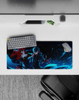 Anime mouse pad 28x12 inches featuring Joker and Arsène from Persona 5, with deep blues and red accents creating an electric scene.