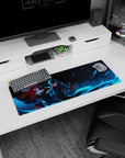 Anime mouse pad 32x12 inches featuring Joker from Persona 5 with Arsène, dark blues and fiery red accents.