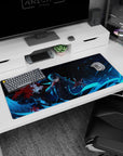 Anime desk pad 36x16 inches featuring Joker from Persona 5 with Arsène, showcasing deep blues and fiery red accents.