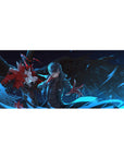 Anime mouse pad 36x16 inches featuring Joker and Arsène from Persona 5 with deep blues and fiery red accents.