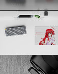Rias Gremory from High School DxD, 14x10 inches anime mouse pad, red hair, blue eyes, white background, sipping drink.