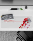 Rias Gremory from High School DxD on a 32x12 inch mouse pad, crimson hair, white background, iconic drink in hand.