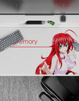 Rias Gremory from High School DxD on a 40x20 inch desk pad, sipping a drink with a confident smirk, crimson hair on white.