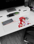 Rias Gremory anime mouse pad, 32x16 inches, featuring her sipping drink, crimson hair, confident smirk on clean white background.