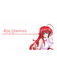 Rias Gremory from High School DxD on a 36x16 inch desk pad, sipping drink, crimson hair, white background, iconic look.