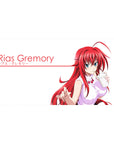 Desk pad featuring Rias Gremory from High School DxD, 40x20 inches, with crimson hair and confident smirk on white background.