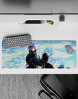 Anime mouse pad 32x12 inches in cool blues and sharp whites, snowy paper shards and a soft rainbow glow.