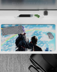 32x16 inches anime mouse pad in cool blues and sharp whites, dramatic stormy mood with swirling paper like snow.