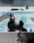 40x20 inches anime desk pad in cool blues and sharp whites, dramatic stormy mood with swirling paper.