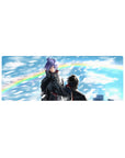 Naruto-inspired anime mouse pad 32x12 inches with Konan vs Pain in a windy sky, paper shards swirling.